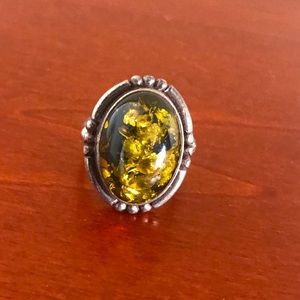 Silver Green Amber Ring